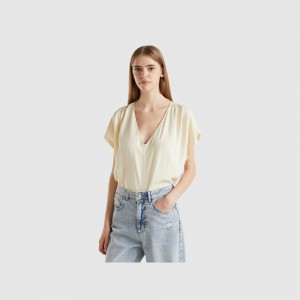 Blusa Benetton Flowy short sleeve blouse Mujer Blancos | WTOHFI467