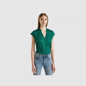 Blusa Benetton Polka dot viscose Mujer Verdes Oscuro | QCJMXU481