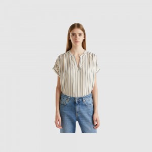Blusa Benetton Striped pure viscose Mujer Blancos | ULJTQW320