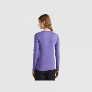 Camisa Manga Larga Benetton 100% cotton Mujer Morados | AKWQVN154