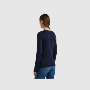 Camisa Manga Larga Benetton 100% cotton Mujer Azules Oscuro | VBJMIH127