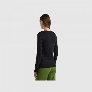Camisa Manga Larga Benetton 100% cotton Mujer Negros | BJGUHL256