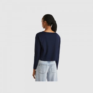 Camisa Manga Larga Benetton Long fiber cotton Mujer Azules Oscuro | ESAUVD321