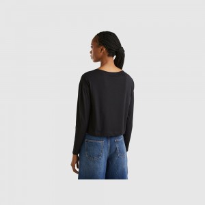 Camisa Manga Larga Benetton Long fiber cotton Mujer Negros | HFQYBN234