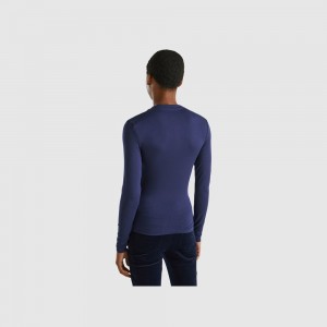 Camisa Manga Larga Benetton Slim fit stretch Modal Mujer Azules Oscuro | LYMOQP503