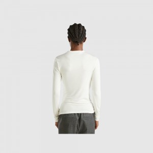 Camisa Manga Larga Benetton Slim fit stretch Modal Mujer Blancos | UWDNKY529