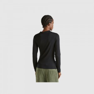 Camisa Manga Larga Benetton Slim fit stretch Modal Mujer Negros | MZGYAO571
