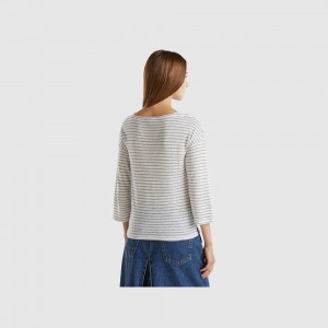Camisa Manga Larga Benetton Striped 3/4 sleeves Mujer Grises | ICVDQE982
