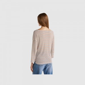 Camisa Manga Larga Benetton Striped 3/4 sleeves Mujer Marrom | AIQPGJ942