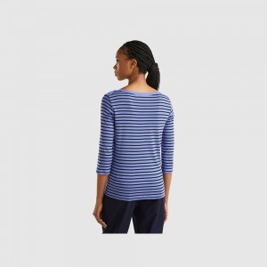 Camisa Manga Larga Benetton Striped 3/4 sleeve pure cotton Mujer Blancos | PLNUOX035