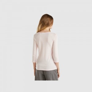 Camisa Manga Larga Benetton Striped 3/4 sleeve pure cotton Mujer Rosas | TRMOXF603