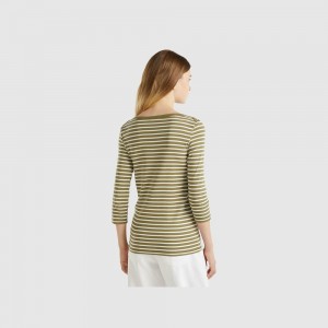 Camisa Manga Larga Benetton Striped 3/4 sleeve pure cotton Mujer Verdes | FCPHGD689