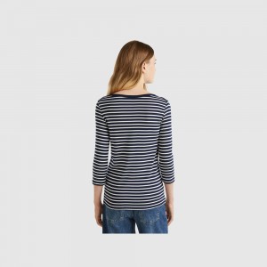 Camisa Manga Larga Benetton Striped 3/4 sleeve pure cotton Mujer Azules Oscuro | XFSGTB468