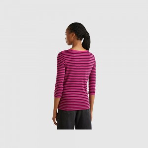 Camisa Manga Larga Benetton Striped 3/4 sleeve pure cotton Mujer Blancos | OYHPDA736