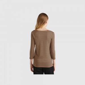 Camisa Manga Larga Benetton Striped 3/4 sleeve pure cotton Mujer Marrom | FDWTZK921