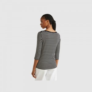 Camisa Manga Larga Benetton Striped 3/4 sleeve pure cotton Mujer Negros | BTGAKE267