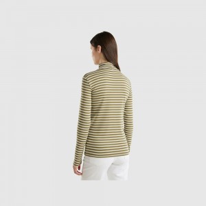 Camisa Manga Larga Benetton Striped turtleneck Mujer Verdes | WDABQO386