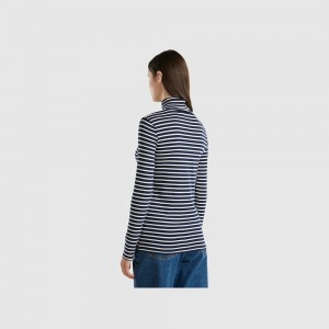 Camisa Manga Larga Benetton Striped turtleneck Mujer Azules Oscuro | ZCTHMN623