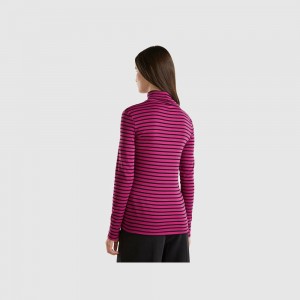 Camisa Manga Larga Benetton Striped turtleneck Mujer Blancos | GBJPEF436