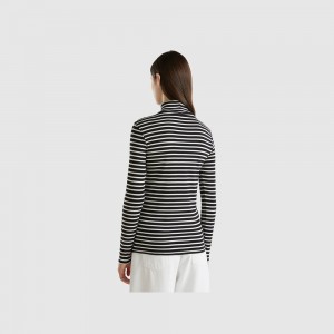 Camisa Manga Larga Benetton Striped turtleneck Mujer Negros | LIHNOP730