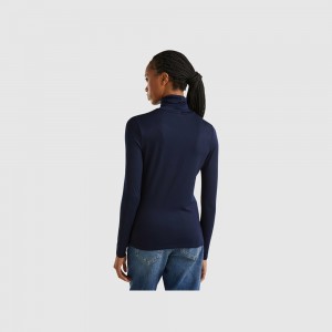 Camisa Manga Larga Benetton Turtleneck stretch viscose Mujer Azules Oscuro | LEJZXA635