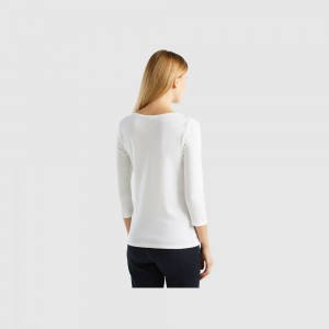 Camisa Manga Larga Benetton boat neck in 100% cotton Mujer Blancos | XRMPKQ123