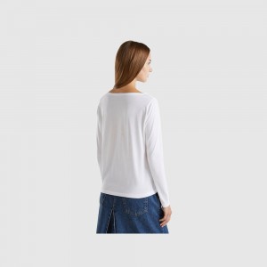 Camisa Manga Larga Benetton boat neck in 100% cotton Mujer Blancos | CNXQBD457