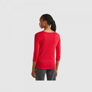 Camisa Manga Larga Benetton boat neck in 100% cotton Mujer Rojos | BWVNHZ493