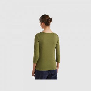 Camisa Manga Larga Benetton boat neck in 100% cotton Mujer Verdes | JHILNM943