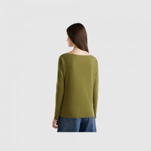Camisa Manga Larga Benetton boat neck in 100% cotton Mujer Verdes | JUVNOY138