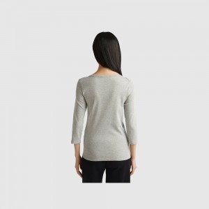 Camisa Manga Larga Benetton boat neck in 100% cotton Mujer Grises Claro | QSVABO513