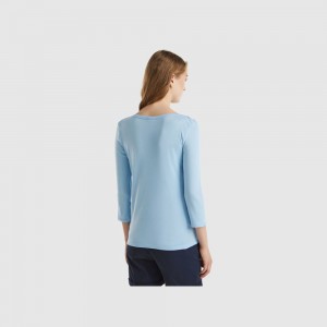 Camisa Manga Larga Benetton boat neck in 100% cotton Mujer Azules Claro | NYLITO567