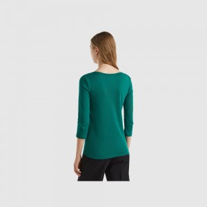Camisa Manga Larga Benetton boat neck in 100% cotton Mujer Verdes Oscuro | BCKZQY217