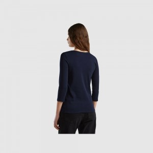 Camisa Manga Larga Benetton boat neck in 100% cotton Mujer Azules Oscuro | RXHLZN754