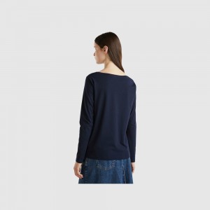 Camisa Manga Larga Benetton boat neck in 100% cotton Mujer Azules Oscuro | MIWUEA987