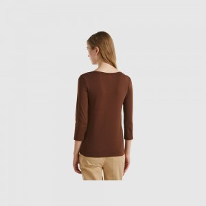 Camisa Manga Larga Benetton boat neck in 100% cotton Mujer Marrom | SOBDLF018