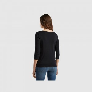 Camisa Manga Larga Benetton boat neck in 100% cotton Mujer Negros | HANIRF846