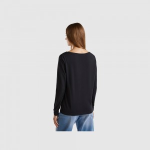 Camisa Manga Larga Benetton boat neck in 100% cotton Mujer Negros | SIKFCU402