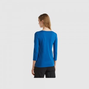 Camisa Manga Larga Benetton boat neck in 100% cotton Mujer Azules | MKZGNH407