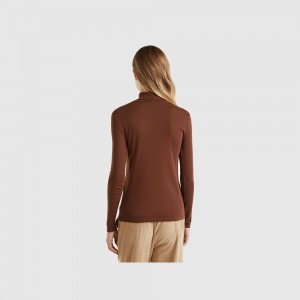 Camisa Manga Larga Benetton high neck Mujer Marrom Oscuro | DOVFRJ870