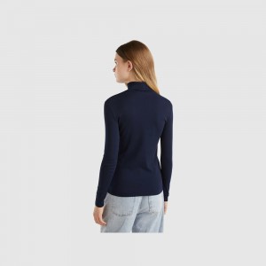 Camisa Manga Larga Benetton high neck Mujer Azules Oscuro | KXQHZO745