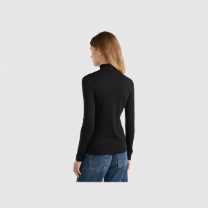 Camisa Manga Larga Benetton high neck Mujer Negros | JHUWMK097