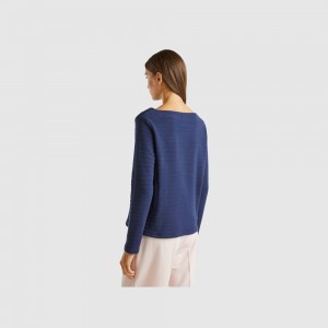 Camisa Manga Larga Benetton jacquard Mujer Azules Oscuro | CJEBVX257