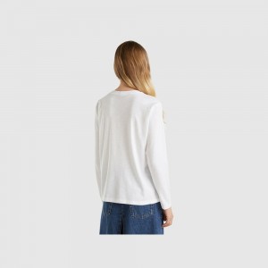 Camisa Manga Larga Benetton light cotton Mujer Blancos | MRXSTE765