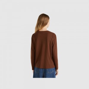 Camisa Manga Larga Benetton light cotton Mujer Marrom Oscuro | QFYNXP231