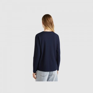 Camisa Manga Larga Benetton light cotton Mujer Azules Oscuro | HARSKI140
