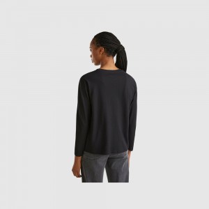 Camisa Manga Larga Benetton light cotton Mujer Negros | NHJSZF751