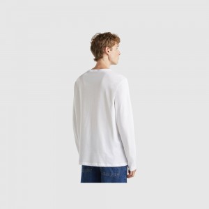 Camisa Manga Larga Benetton pure cotton t-shirt Hombre Blancos | LAKFXP624