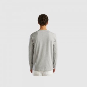 Camisa Manga Larga Benetton pure cotton t-shirt Hombre Grises Claro | IQRHXD624