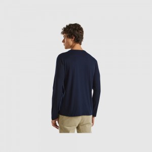 Camisa Manga Larga Benetton pure cotton t-shirt Hombre Azules Oscuro | QXUTIB154